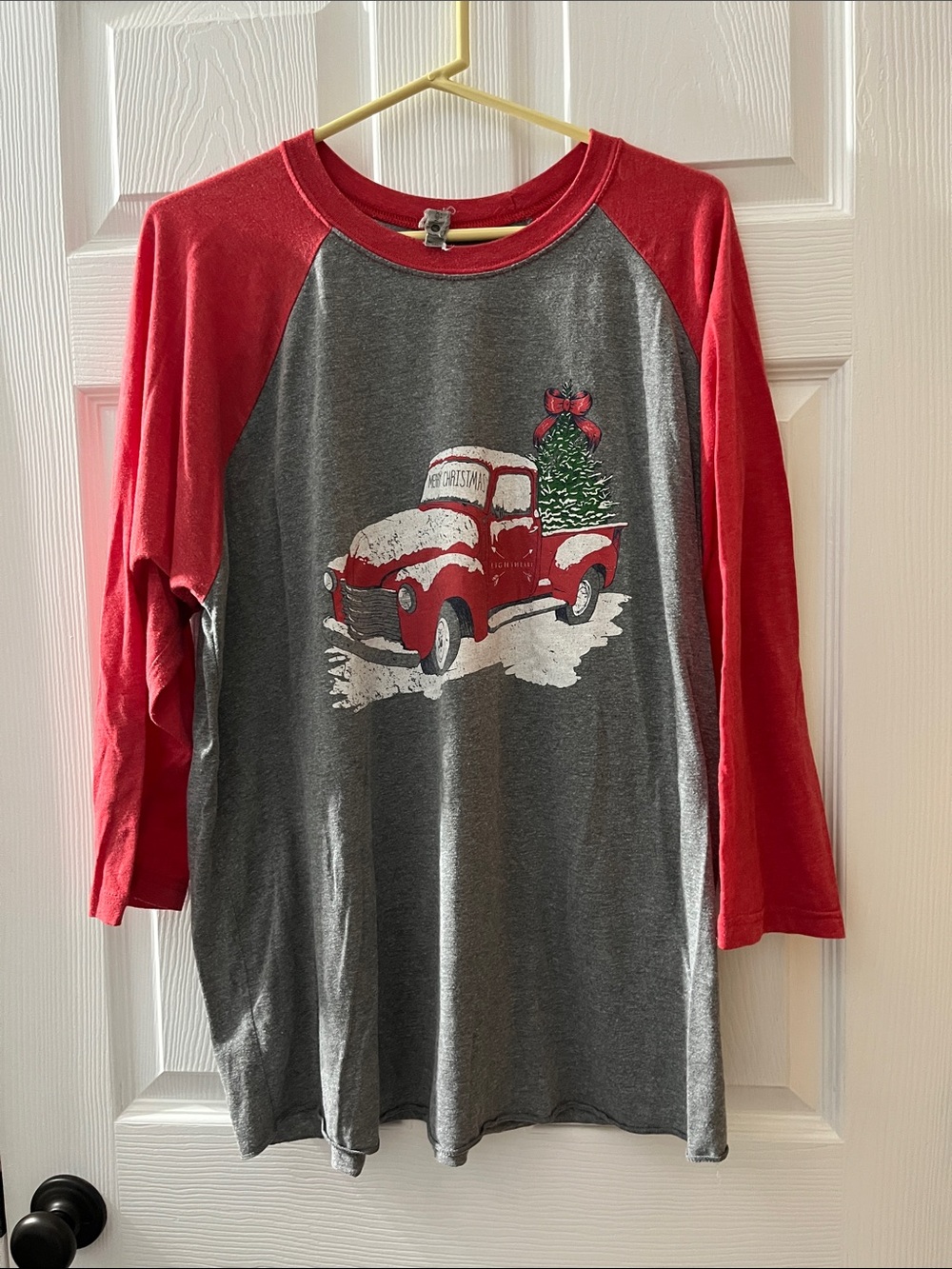 Next Level Apparel Red & Gray Raglan Long Sleeve Holiday Truck Tee